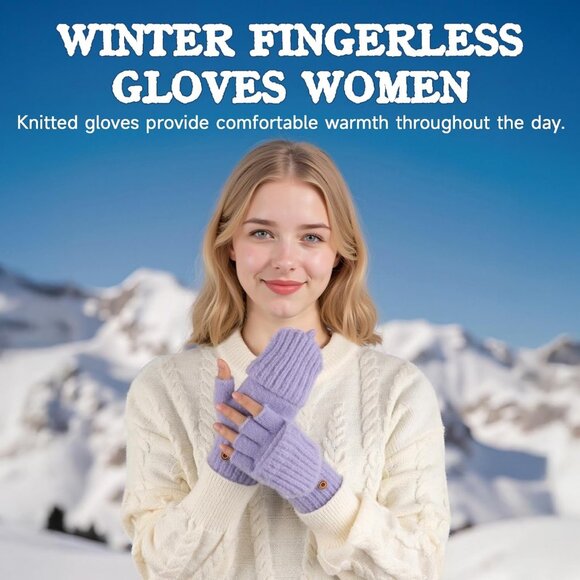 Women's Winter Warm Mittens Knitted Purple Gloves Fingerless Button Closure - Picture 7 of 7